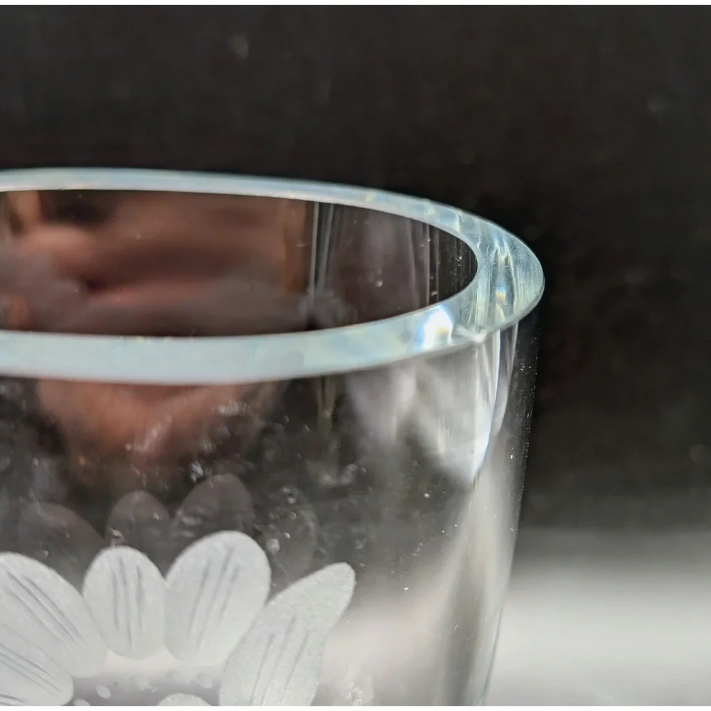 Orrefors Sweden Etched Crystal Vase Floral Bee Signed Scandinavian Art Glass